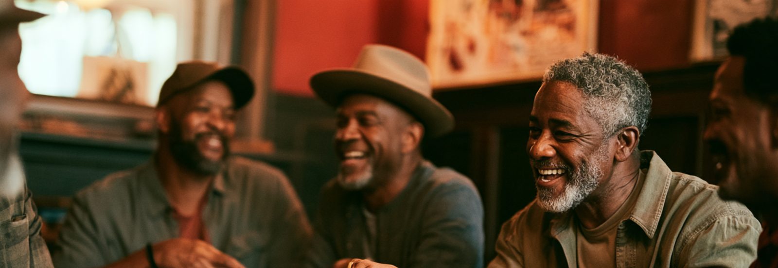 Four men laughing together in a warmly lit room.