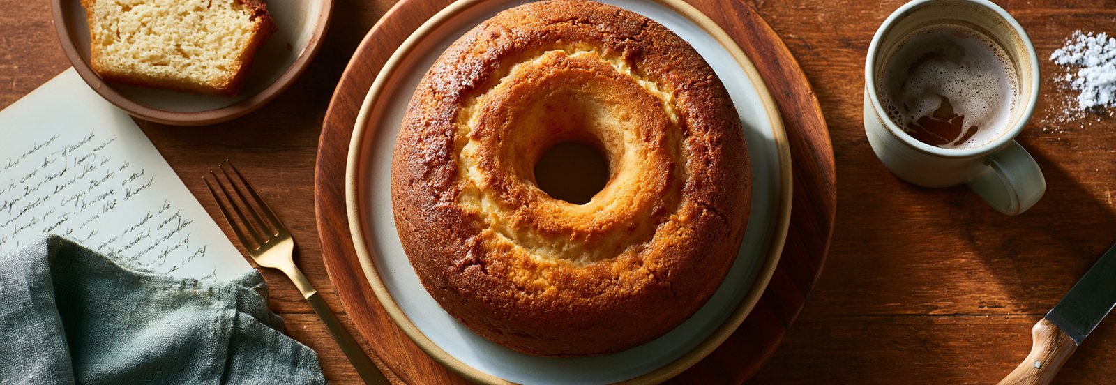 A pound cake on a wooden board beside a handwritten recipe card.