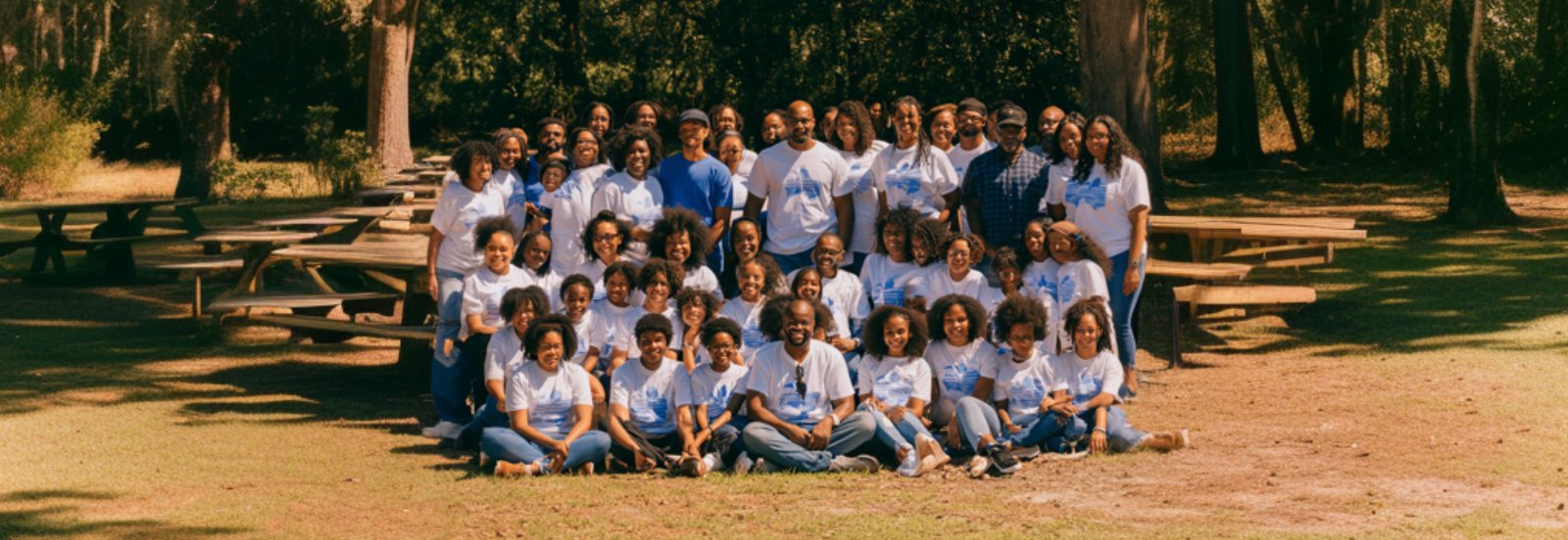 Several generations of one family outside at a reunion, in matching shirts, arranged in rows on the grass.